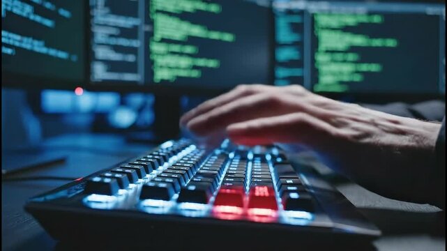 Close-up of hands typing on a backlit keyboard. Programmer coding on a computer with multiple screens in a dark office. Cybersecurity and hacking concept