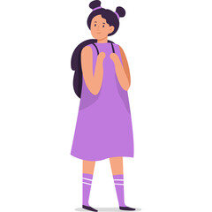Young Girl With Backpack And Purple Dress Standing On White Background Ready For School Or Travel