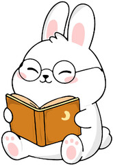 Cute white bunny rabbit reading book wearing glasses cartoon illustration