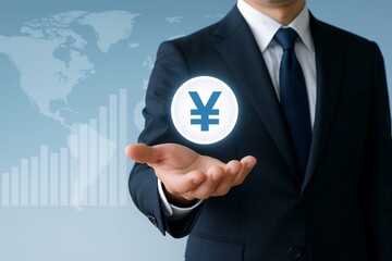 スーツ姿のビジネスマンが手のひらに円マークを浮かべ国際金融と経済成長を象徴するビジネスイメージ