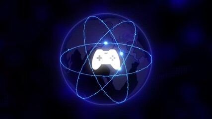 White Game Controller Icon Orbiting a Glowing Earth Globe with Blue Energy Lines on Dark Background video game - Powered by Adobe