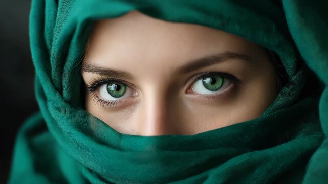 A close-up of the striking green eyes of a young woman whose face is partially hidden by an emerald hijab or headscarf.
