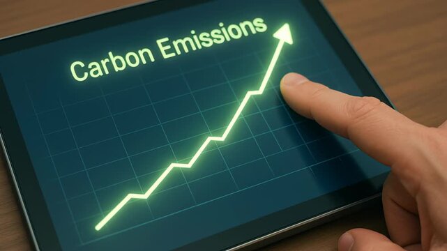 Renewable energy investment graph Carbon Emissions Data Graph on Tablet Shows Upward Trend with Finger Pointing, Highlighting Environmental Awareness
