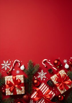 Vertical composition featuring gift boxes wrapped in twine, red ornaments, a plush reindeer, wallpaper, candy canes, and pine sprigs on a bold red backdrop