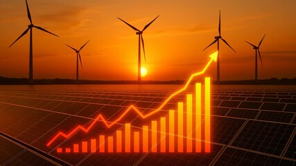 Renewable energy investment graph Vibrant sunset over wind turbines and solar panels symbolizes growth renewable energy with upward graph reflecting - Powered by Adobe