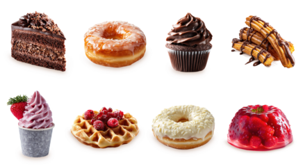 Assorted dessert collection, variety of sweet treats set, pastries, donut, ice cream, custard, cup cakes, churros. Colorful and appetizing dessert, gourmet desserts isolated on white background