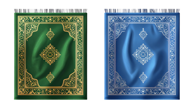 Neatly folded Eid prayer mat pair for Islamic and festive branding, isolated on transparent background - Powered by Adobe