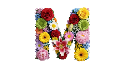 Letter M Made of Colorful Fresh Flowers on Transparent Background