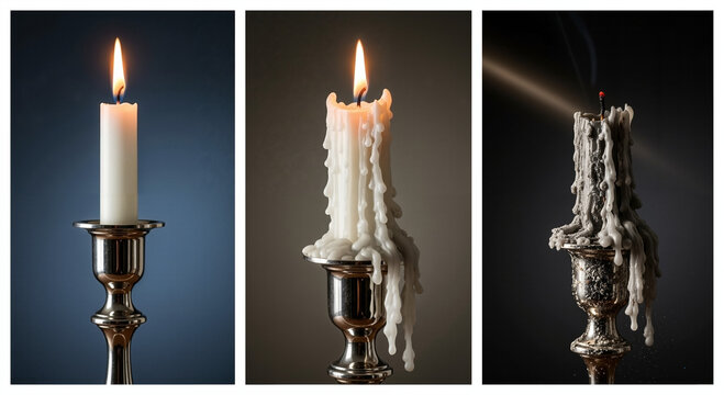 A triptych showing the three stages of a candle's life in a candlestick: a burning candle, partially burned out with streaks of wax, a completely burned and extinguished candle stub with a solidified - Powered by Adobe