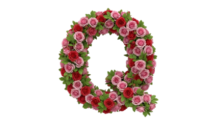 Letter Q Made of Pink and Red Roses with Green Leaves on Transparent Background