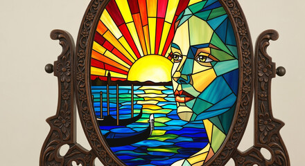 Stylized stained glass panel: a woman's profile framed by a sunset over the sea — bright sun rays spread across the sky, and the waves reflect the light.