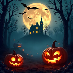 Halloween illustration, showing jack-o'-lanterns, bats, and a haunted house on a hill under a full moon. The image evokes spooky, festive holiday vibes.