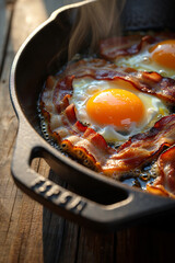 Close-up of sizzling fried eggs with crispy bacon strips cooking in a black cast-iron pan
