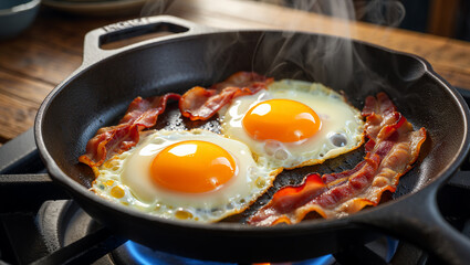 Close-up of sizzling fried eggs with crispy bacon strips cooking in a black cast-iron pan
