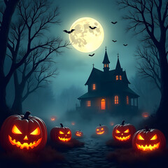 Halloween image: a haunted house at night, with a full moon, bats, and jack-o'-lanterns. A fun illustration of the holiday, ready for download.