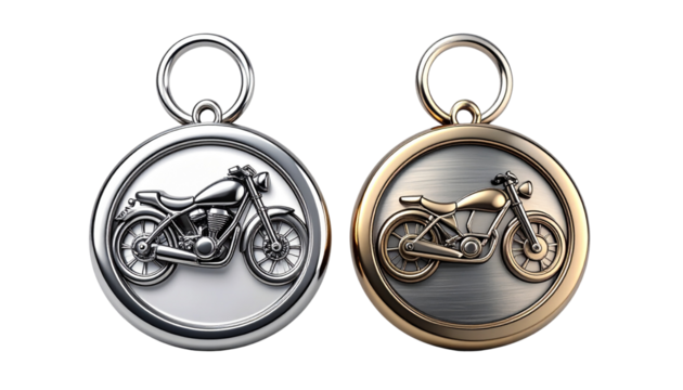  Metallic motorcycle keychain pendant duo for accessory and automotive branding, isolated on transparent background