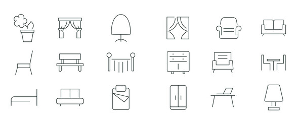 Home interior linear icon set. Furniture, interior design, closet, chair, mattress, kitchen, bedroom, sofa table, bookcase, lamps and ladder outline icon collection. UI thin outline icons pack.