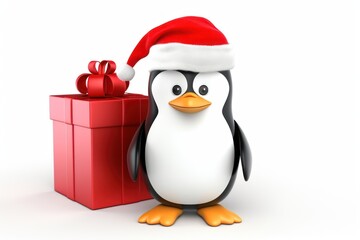 Fototapeta premium Penguin wear santa hat holding gift box winter bird snow.