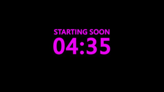 Starting soon Digital countdown clock timer in 5 minutes to zero second. White text number on isolated black background. Element for overlay concept. 4K footage motion video