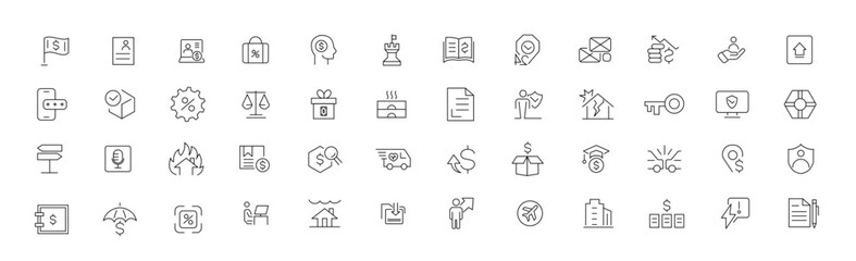 Insurance thin line icons set. Life, medical, car, travel, house, healthcare, money and social insurance thin line icon pack. Outline icons collection.