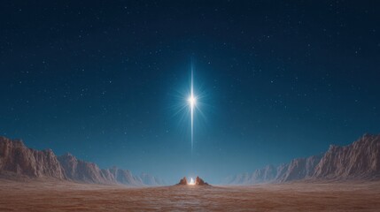 Naklejka premium A celestial light shines brightly over a desolate desert landscape. Evoking a sense of wonder and mystery, it symbolizes hope and guidance in the vast wilderness. 