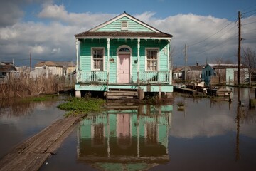 Katrina Flood: Ninth Ward Home in New Orleans, Hurricane aftermath with Damaged House and Flooding