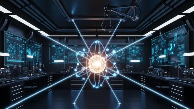 Science Lab Interior:  A cutting-edge science lab interior, showcasing high-tech equipment, intricate circuits, and a central atom model. The lab is illuminated by digital displays and a sleek.