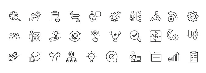 Line icons about action plan. Contains such icons as search strategy, target, scheme, timeline and workflow.Action plan set of web icons in line style. Strategy action planning icons.