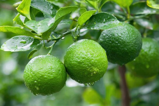 Key Lime Tree. Fresh Green Lemons and Limes Hanging from Branches in Organic Fruit Tree