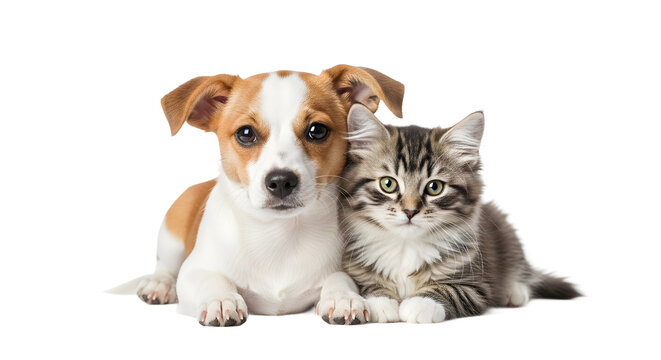 A cute puppy and a kitten side by side, best friends, playful pets, studio portrait