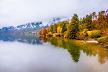 Fototapeta premium Lake Bohinj bathed in autumn magic. The kingdom of the golden-horned ibex.