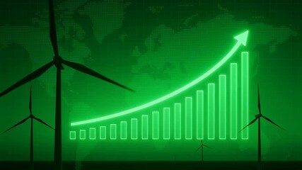 Renewable energy investment graph Green graph with upward arrow, wind turbines symbolizing renewable energy growth and sustainability global context - Powered by Adobe