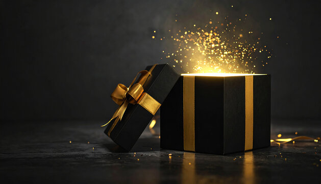 Surprise reveal concept: mysterious golden glow rising from an opened black present box