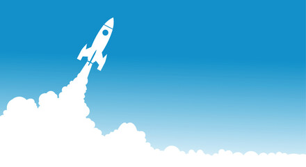 White rocket blasting off into bright blue sky with clouds spaceship launch