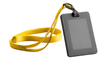 Isolated lanyard and identification badge, featuring a yellow strap and gray holder