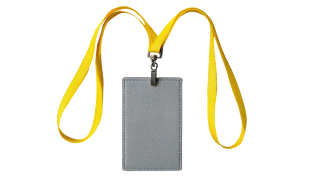 Isolated vertical rectangular gray name tag, clipped to a bright yellow lanyard, on black backdrop