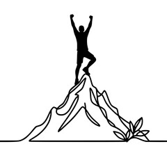 Continuous line drawing of winner man on mountain peak. Black vector icon with transparent background 