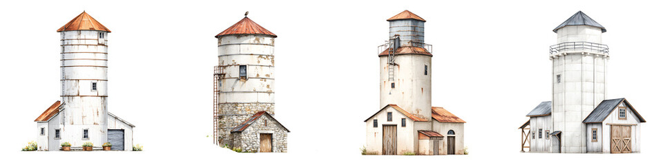 Vintage Farm Silo Collection on White Background