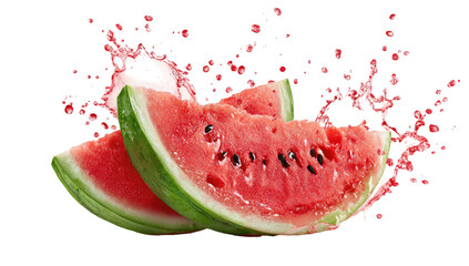 Two watermelon slices with vibrant red juice splashing around them, isolated on black