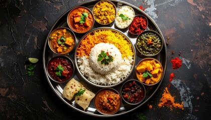 Traditional Indian thali with variety of colorful vegetarian curries rice and chapati arranged on metal plate symbolizing cultural richness and culinary diversity of India