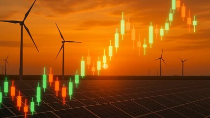 Renewable energy investment graph Sunset Over Wind Turbines and Solar Panels Showcasing Renewable Energy Growth and Investment Potential Energy Sector - Powered by Adobe