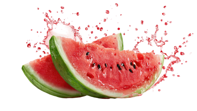 Two watermelon slices with vibrant red juice splashing around them, isolated on black