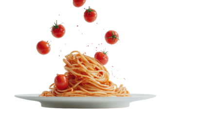 A plate of spaghetti is shown, topped with tomato sauce and with tomatoes falling down