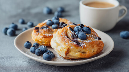 Blueberry Danish pastry on plate, minimal background, Scandinavian morning scene