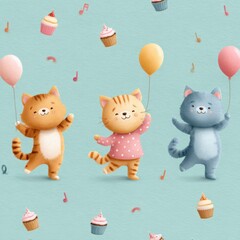 Naklejka premium A cheerful illustration of three adorable kitten characters with balloons, and festive cupcakes set against a light background creating a delightful, whimsical composition.