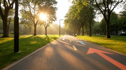 Pov Walking Forward on Path Through Park With Arrows in Sunlight