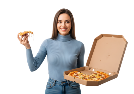 Smiling young woman holding a slice of pizza and an open pizza box with a transparent background