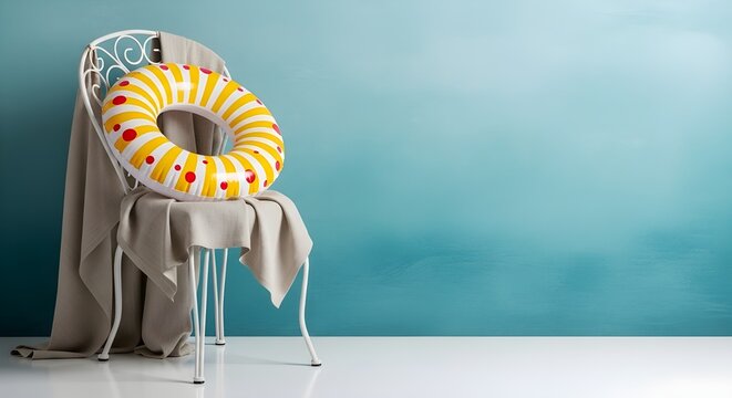 Minimalist white iron chair with fabric and swimming ring against a sea blue wall on white floor, summer beach vibe interior scene.