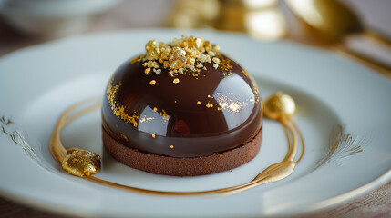 Choco hazelnut mousse pastry with mirror glaze, plated with gold accents, luxurious style