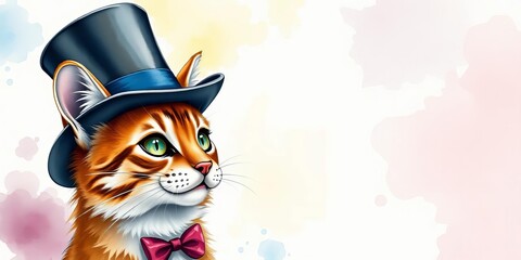 A dapper feline in a top hat, whimsical watercolor style,  AI art,  fantasy